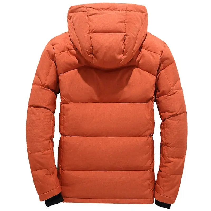 Men's orange hooded down jacket with thick quilted padding and puffer styling