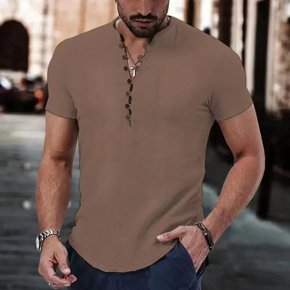 Men's taupe cotton-linen short-sleeve Henley shirt with buttoned V-neck, casual versatile men's top for everyday wear.