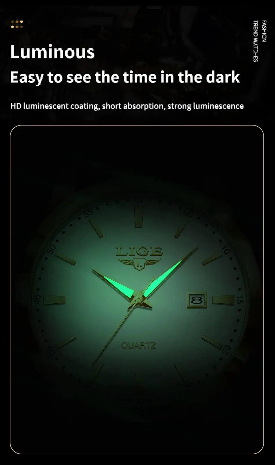 LIGE men's watch with luminous green hands and date window