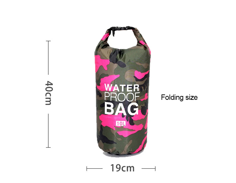 Waterproof dry bag 10L in camo pink, foldable with carry handle and roll-top closure