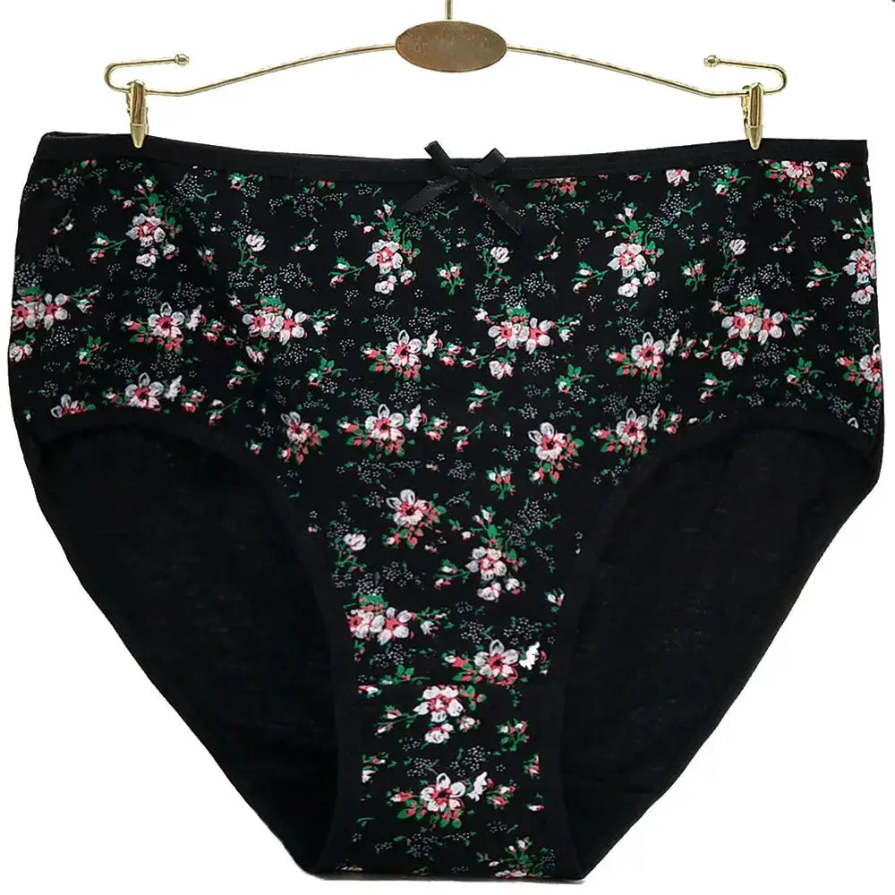 Women's cotton mid-rise panties in black with colorful floral print