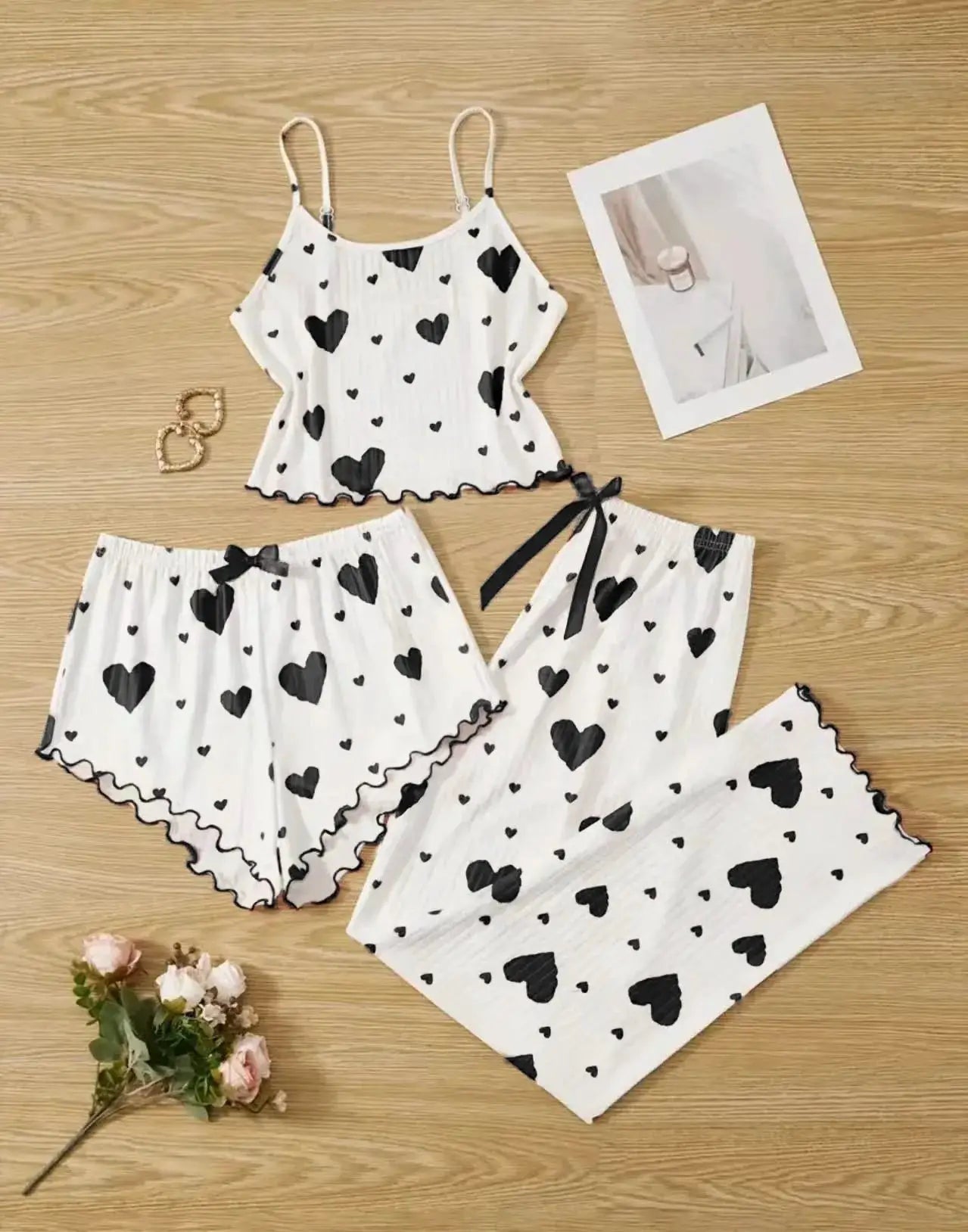 DreamWeave Heart Print Sleeveless Cami Vest And Long Pants Pajama Set Soft Stretch Knit For All Night Comfort