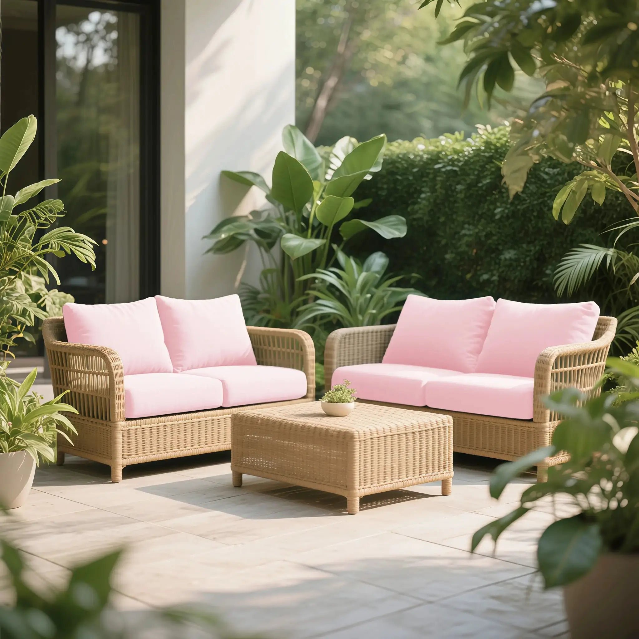 Sofa cushions in pink on outdoor wicker seating amid lush greenery.