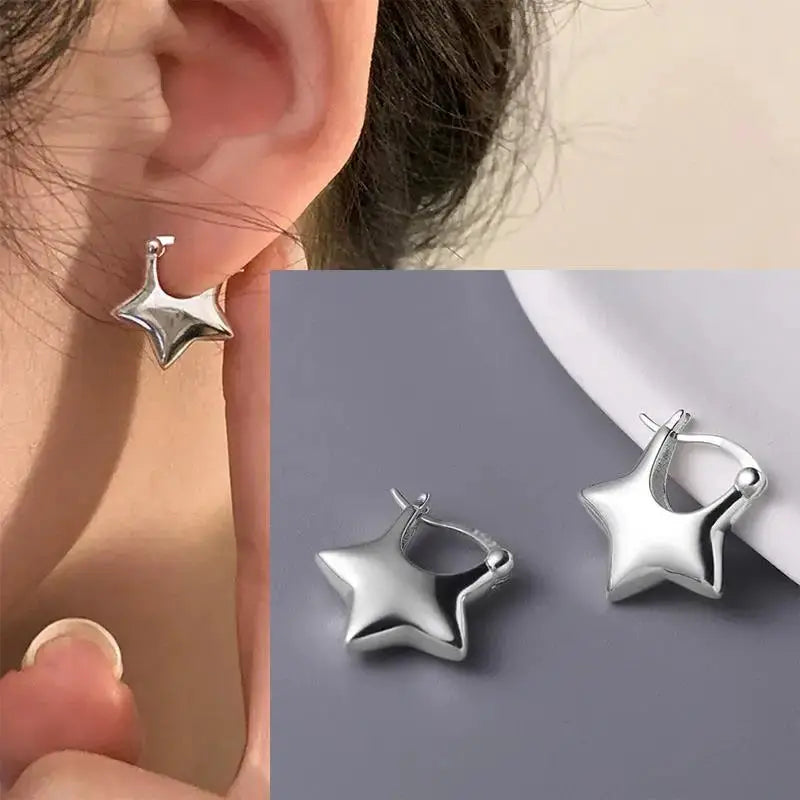 925 Sterling Silver Star Hoop Earrings For Women And Girls Trendy Original Hip Hop Style Jewelry Gift