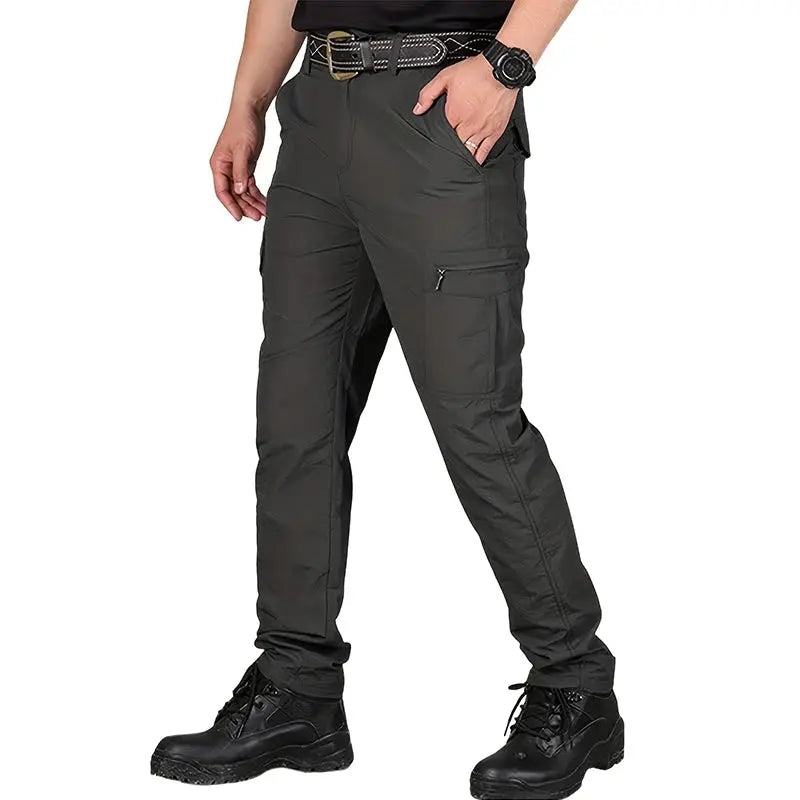 Casual men's cargo pants with multiple pockets; dark gray quick-dry breathable hiking trousers for outdoor activities