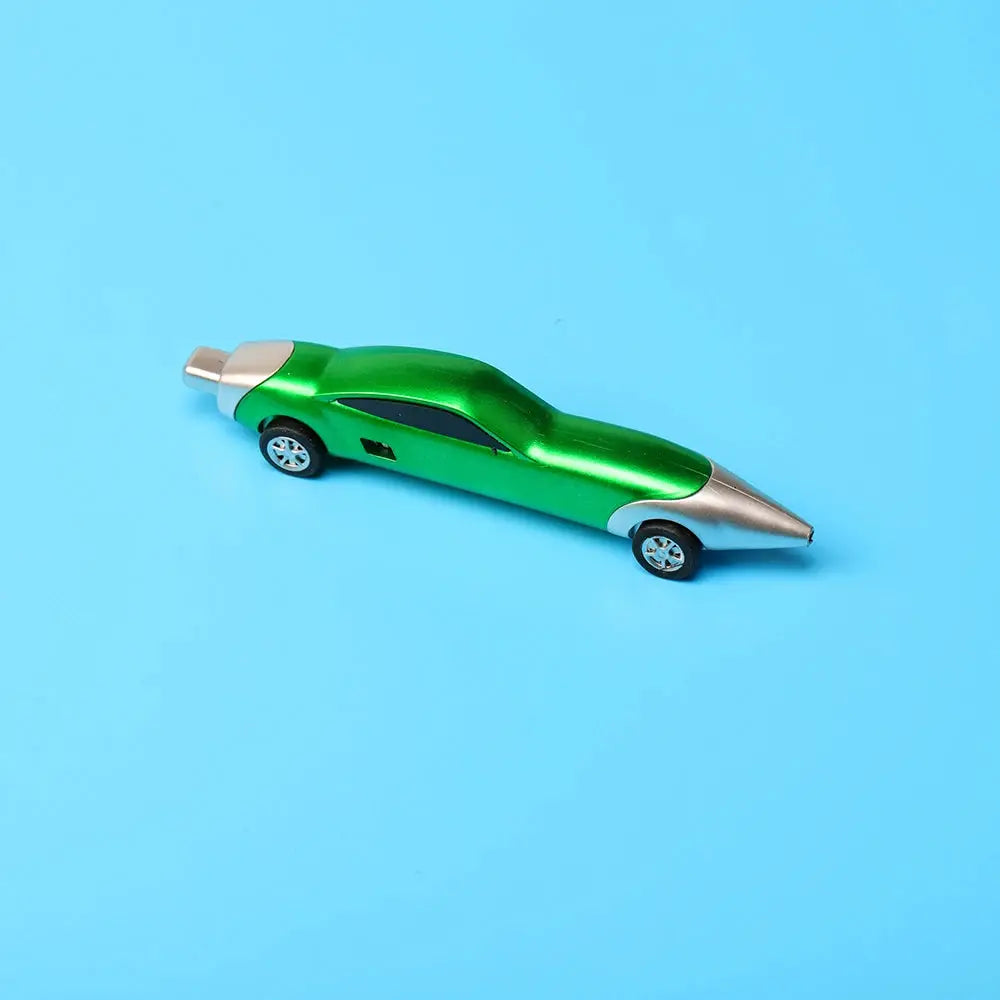 Car-shaped ballpoint pen in metallic green with silver nose cone