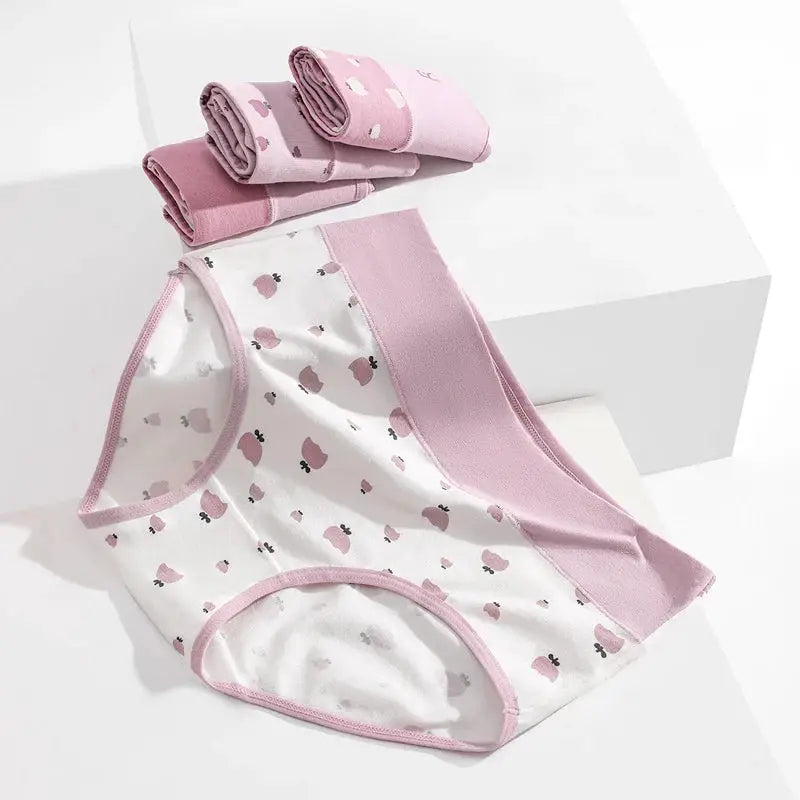 Simples Market 4-piece cotton women's panties set in white with pink print and pink side panels; high-rise briefs