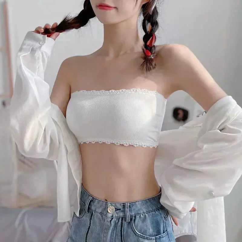 White lace strapless bralette for women, seamless bandeau with delicate lace trim
