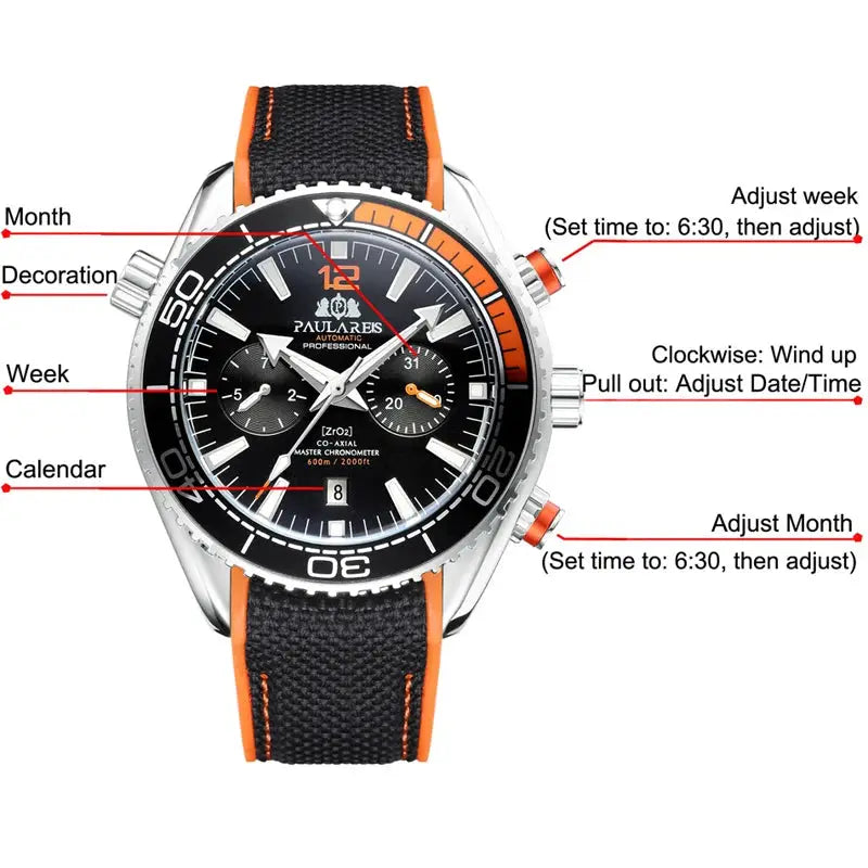 PAULAREIS P luxury men's automatic watch with black dial, orange accents, stainless steel case and rubber strap