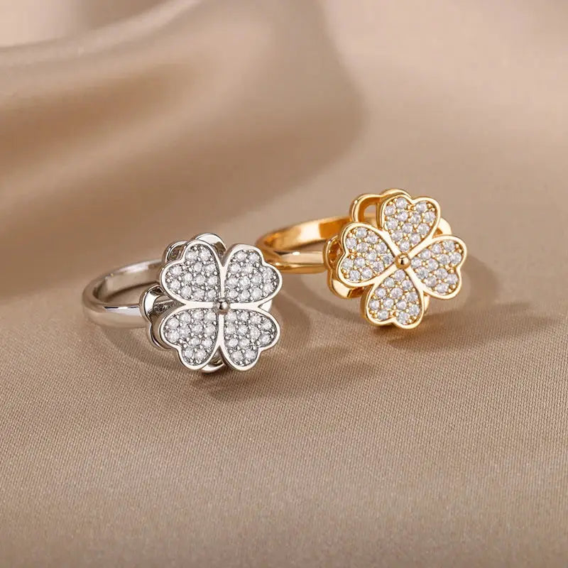 Spinner Zircon Heart Four Leaf Clover Ring For Women Stainless Steel Anti Stress Fidget Jewelry Christmas Gift