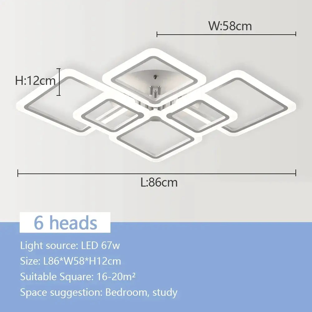 Nordic six-head white square LED chandelier by Simples Market, modern ceiling light for bedroom and living room