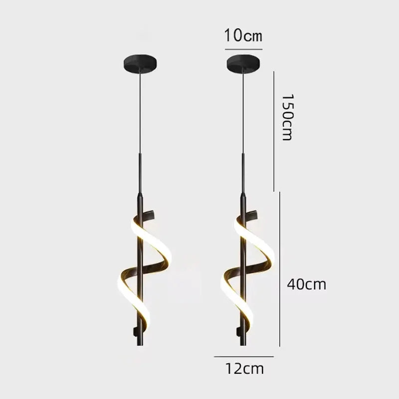 Lustre LED pendant lights by Simples Market, black spiral ribbon design, two hanging ceiling lamps.