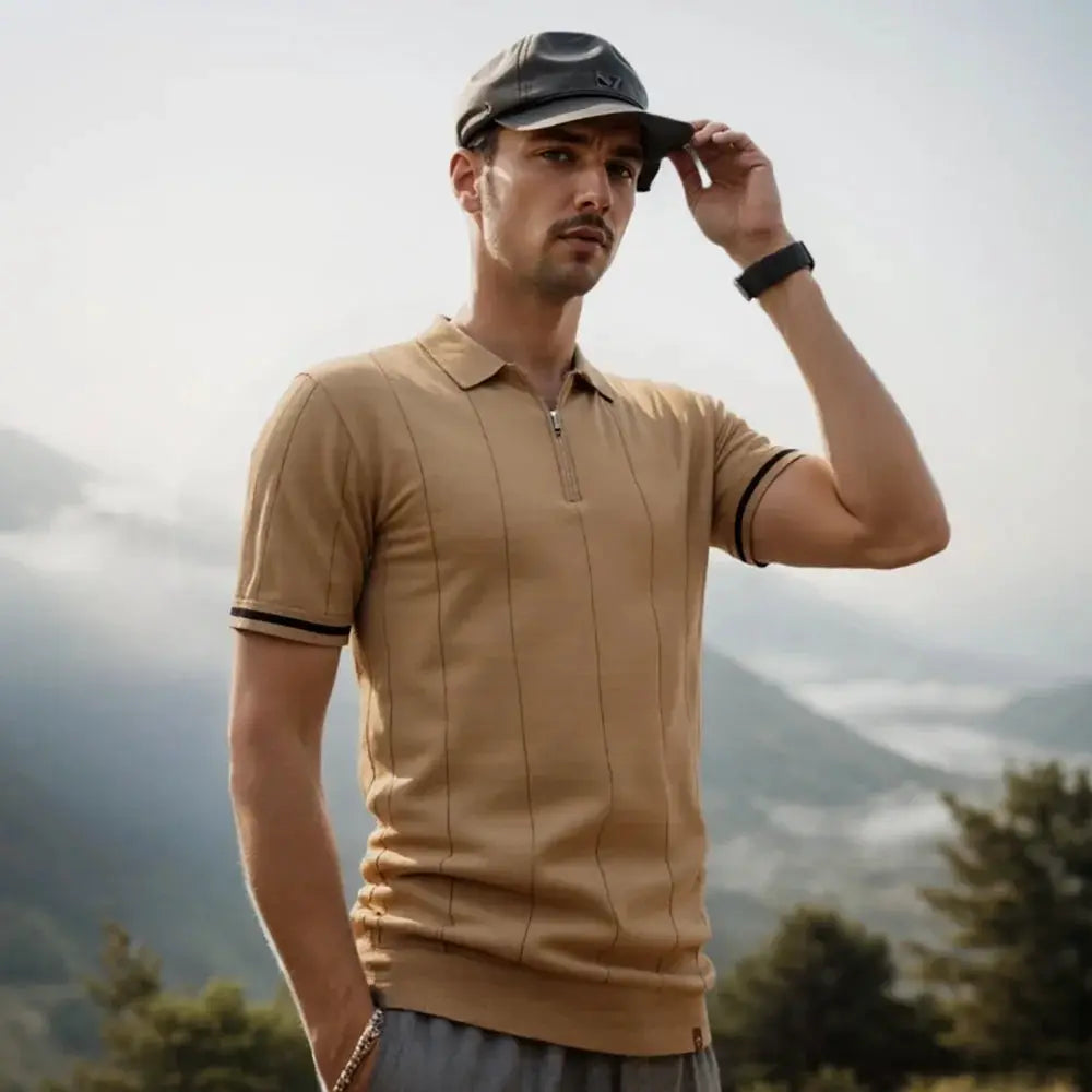 AIOPESON men's tan solid color sport zipper polo shirt, slim fit, short sleeves with black trim.