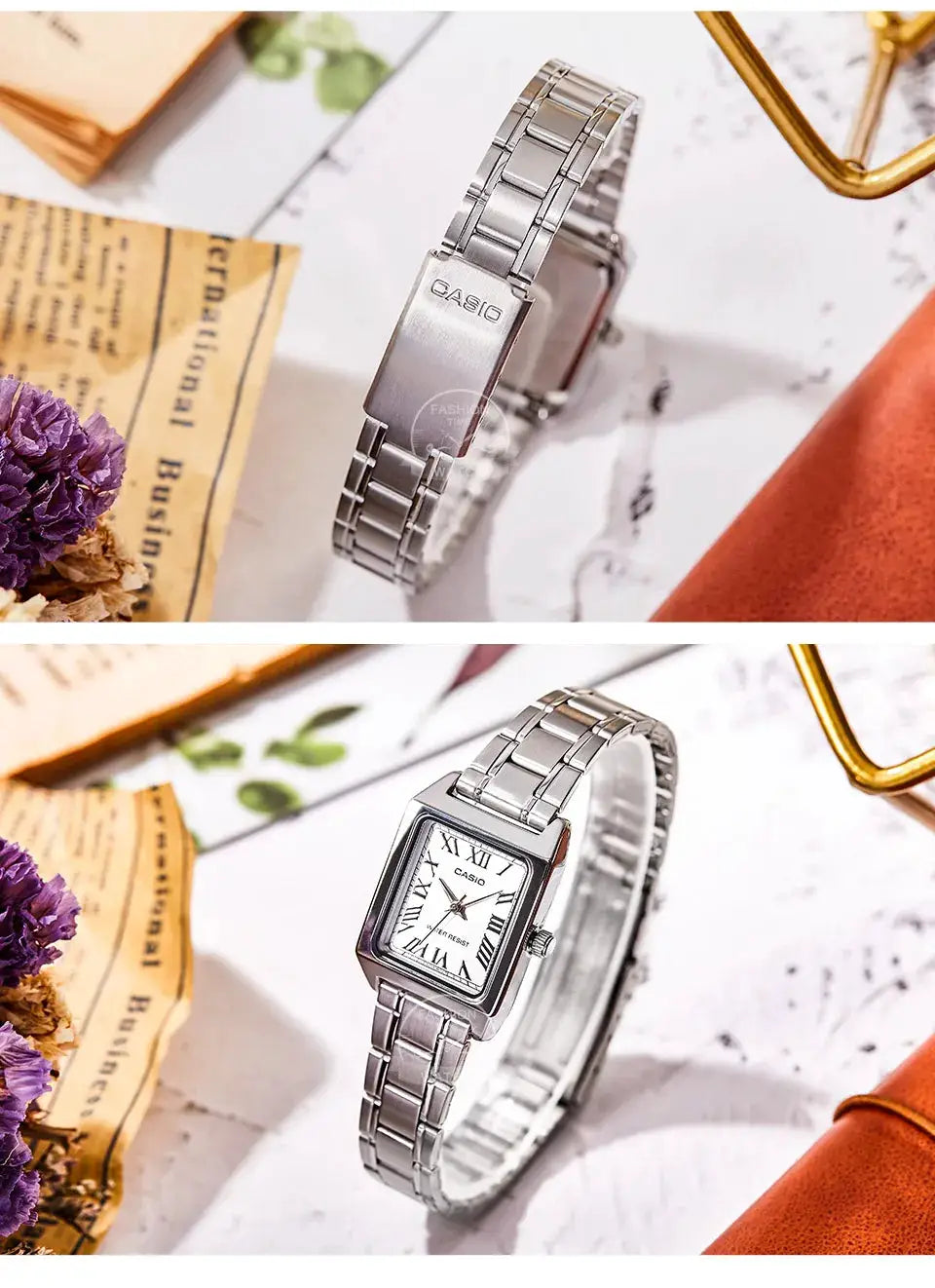 Casio women's stainless steel watch with square tonneau case and silver bracelet
