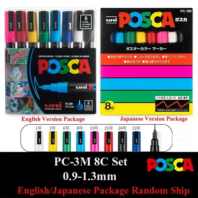 Uni POSCA paint marker set, 8-color PC-3M with original vinyl pen case, two packaging variants (English/Japanese)
