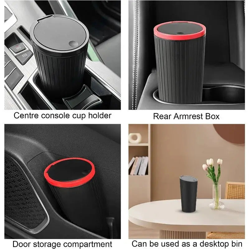 Simples Market universal car trash bin, black ribbed plastic with red rim; fits cup holder, rear armrest, door pocket