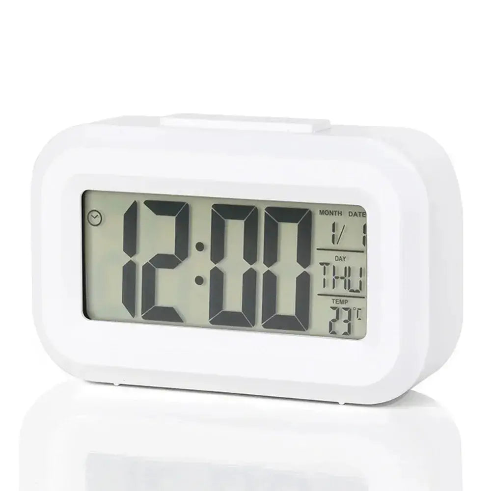 White LED digital alarm clock with backlight, large time display and date/temperature readouts