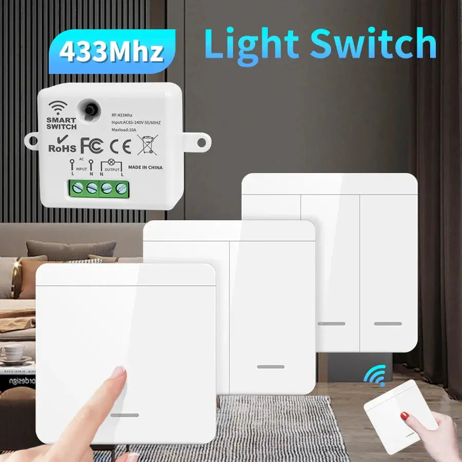 White wireless RF433 light switch module with 3-gang wall panels and remote control