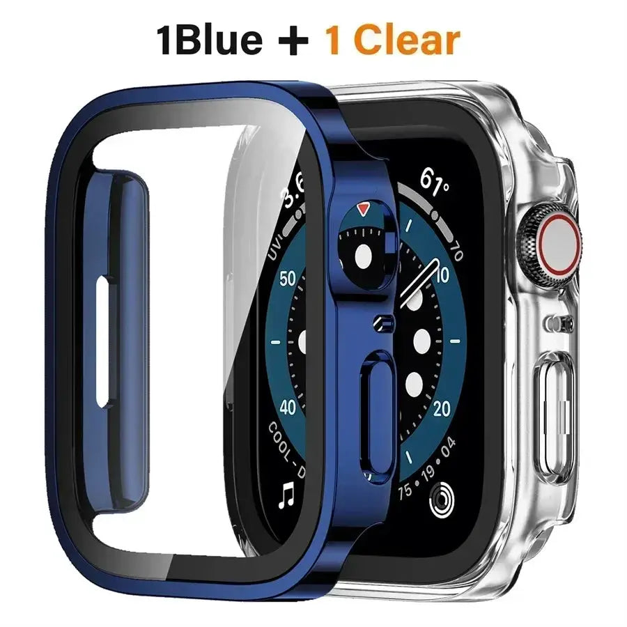 Simples Market screen protector bumper for Apple Watch, blue frame with clear tempered glass, fits 40–46mm.