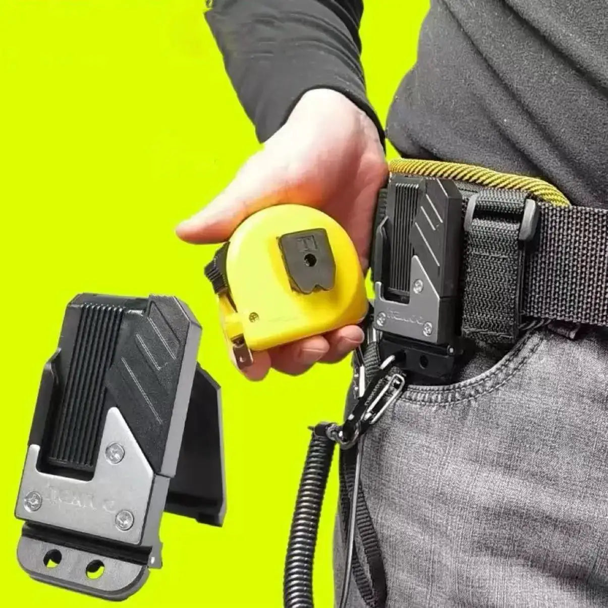 Quick-release belt tool organizer with two clips and yellow tape measure holder on waist belt