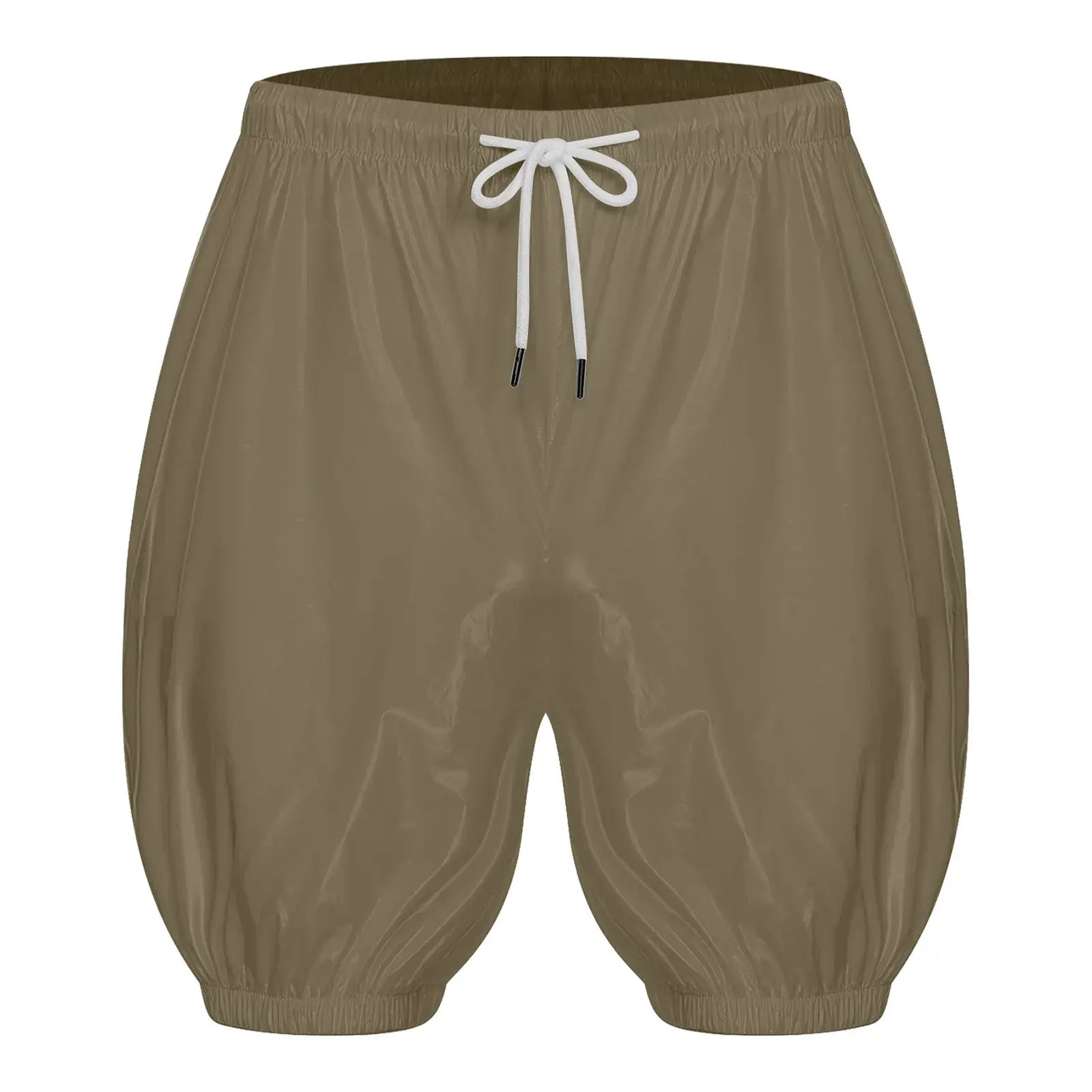 Adult waterproof diaper cover shorts in tan with white drawstring