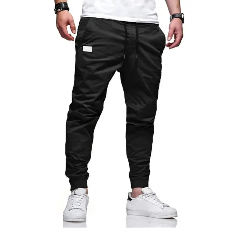 Men's cargo jogger sweatpants by Simples Market, black with multiple pockets and cuffed ankles