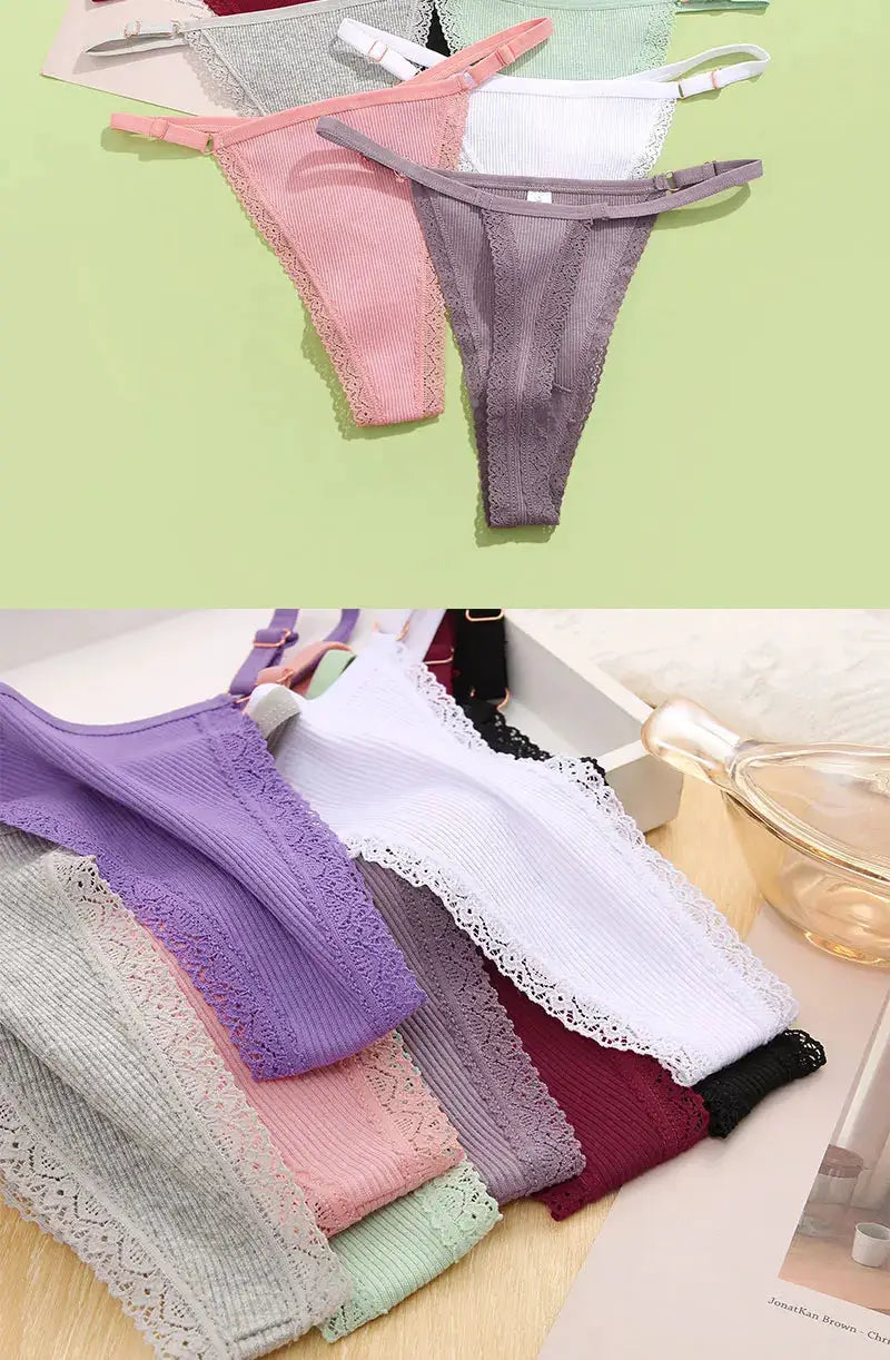 Simples Market FINETOO 5-pack cotton G-string panties with adjustable waist in assorted colors and lace trim.