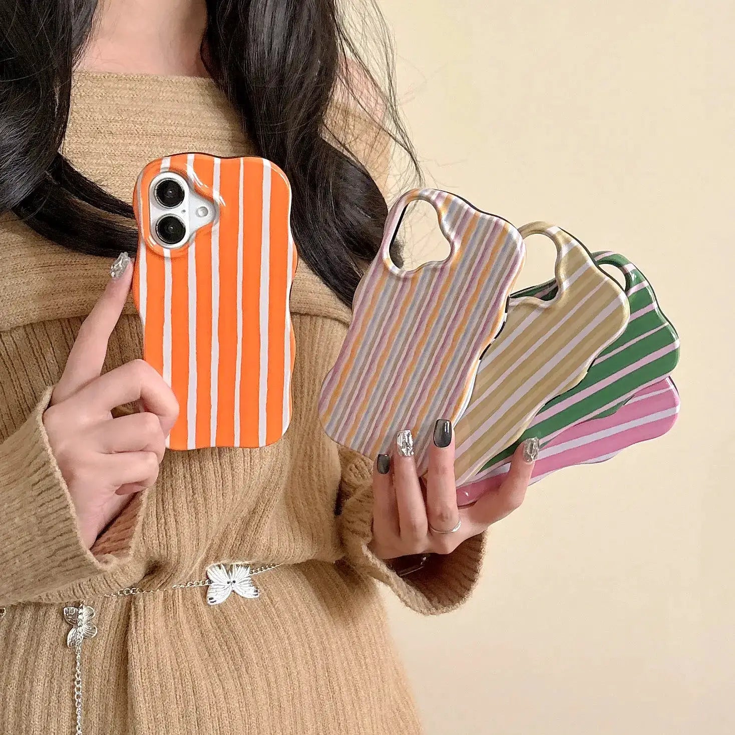 Fashion 2 In 1 Glossy Stripes Phone Case For iPhone 13 14 15 16 Pro Max With Wave Edges And Slim Hard Back Cover