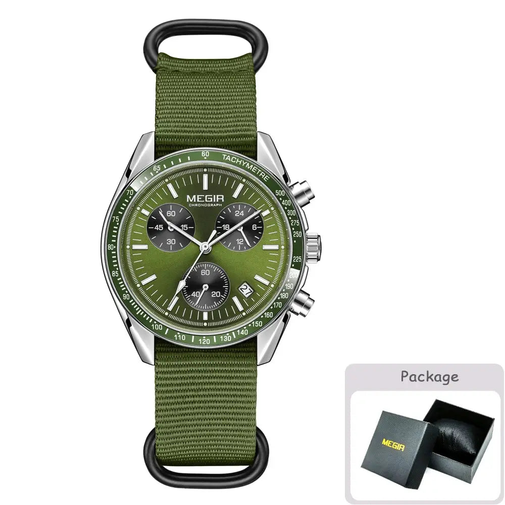 Megir Quartz Chronograph Watch Waterproof Sport Wristwatch With Nylon Strap Luminous Pointers And Date