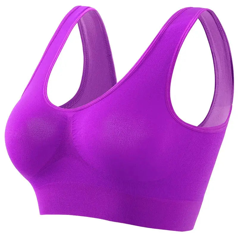 Women's purple seamless wireless tank bra with wide straps, knit sports bralette