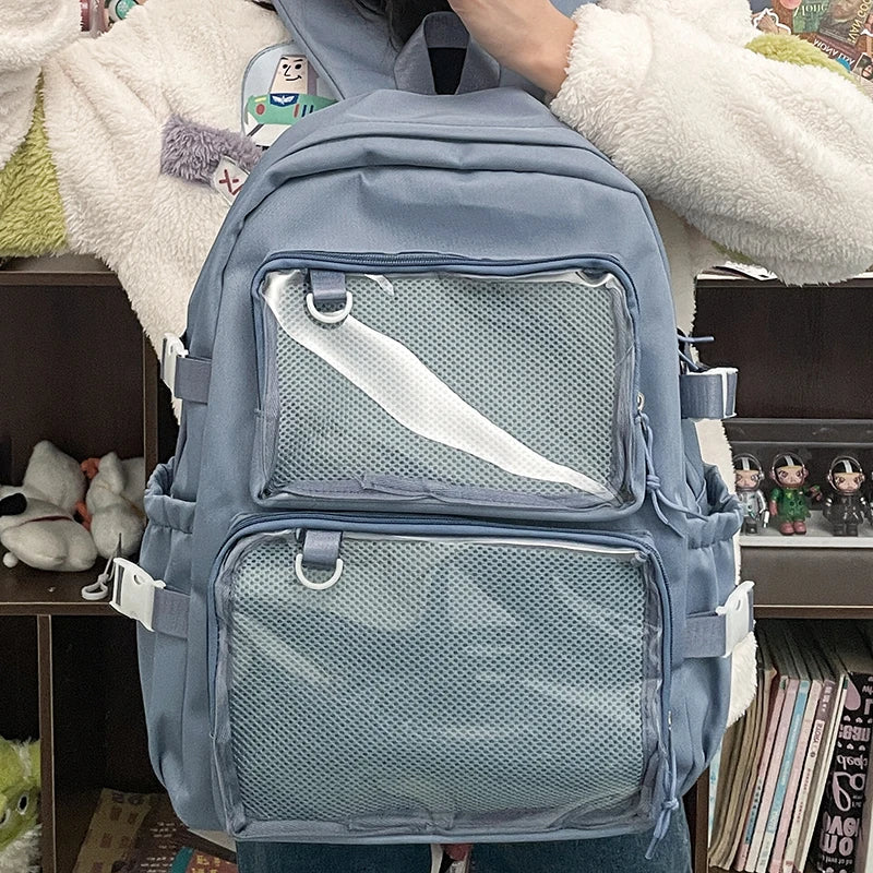Blue Japanese-style ita bag backpack with mesh front panels and large-capacity main compartment