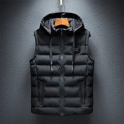 Simples Market men's black quilted sleeveless hooded puffer vest, cotton-padded, zip front, plus size 6XL