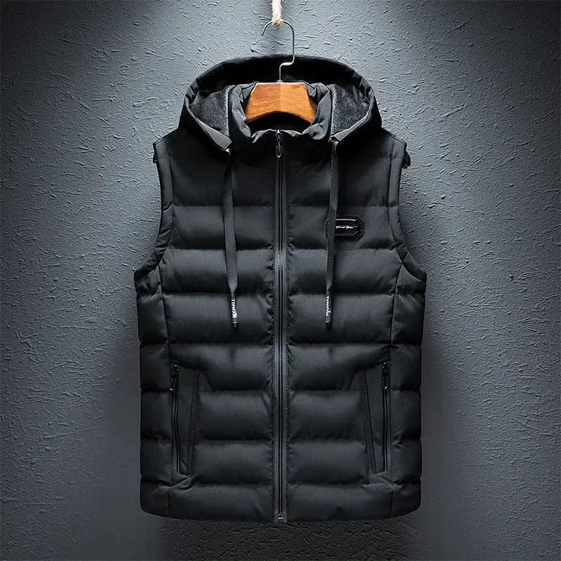 Simples Market men's black quilted sleeveless hooded puffer vest, cotton-padded, zip front, plus size 6XL