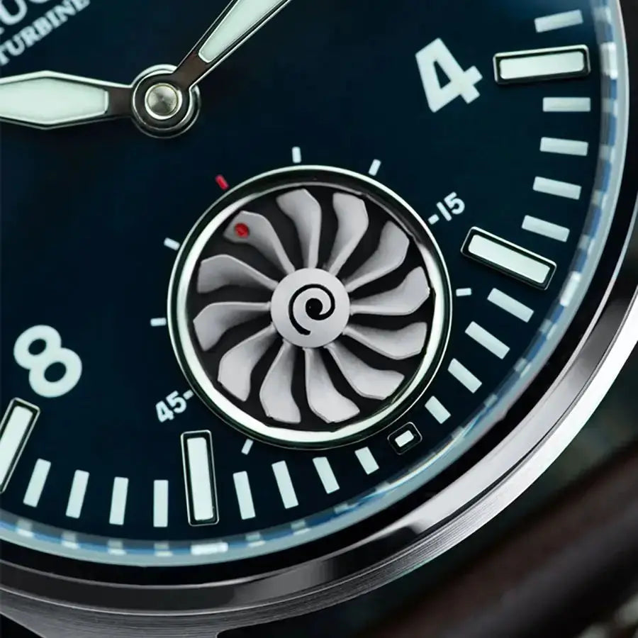 Hruodland Pilot 42mm men's watch with blue dial, luminous markers and turbine-style inner rotor