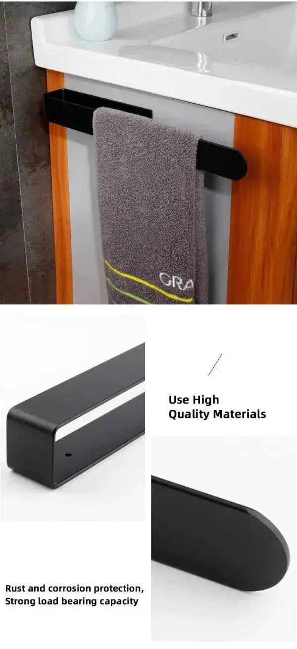 Towel rack black self-adhesive bathroom towel holder with gray towel hanging