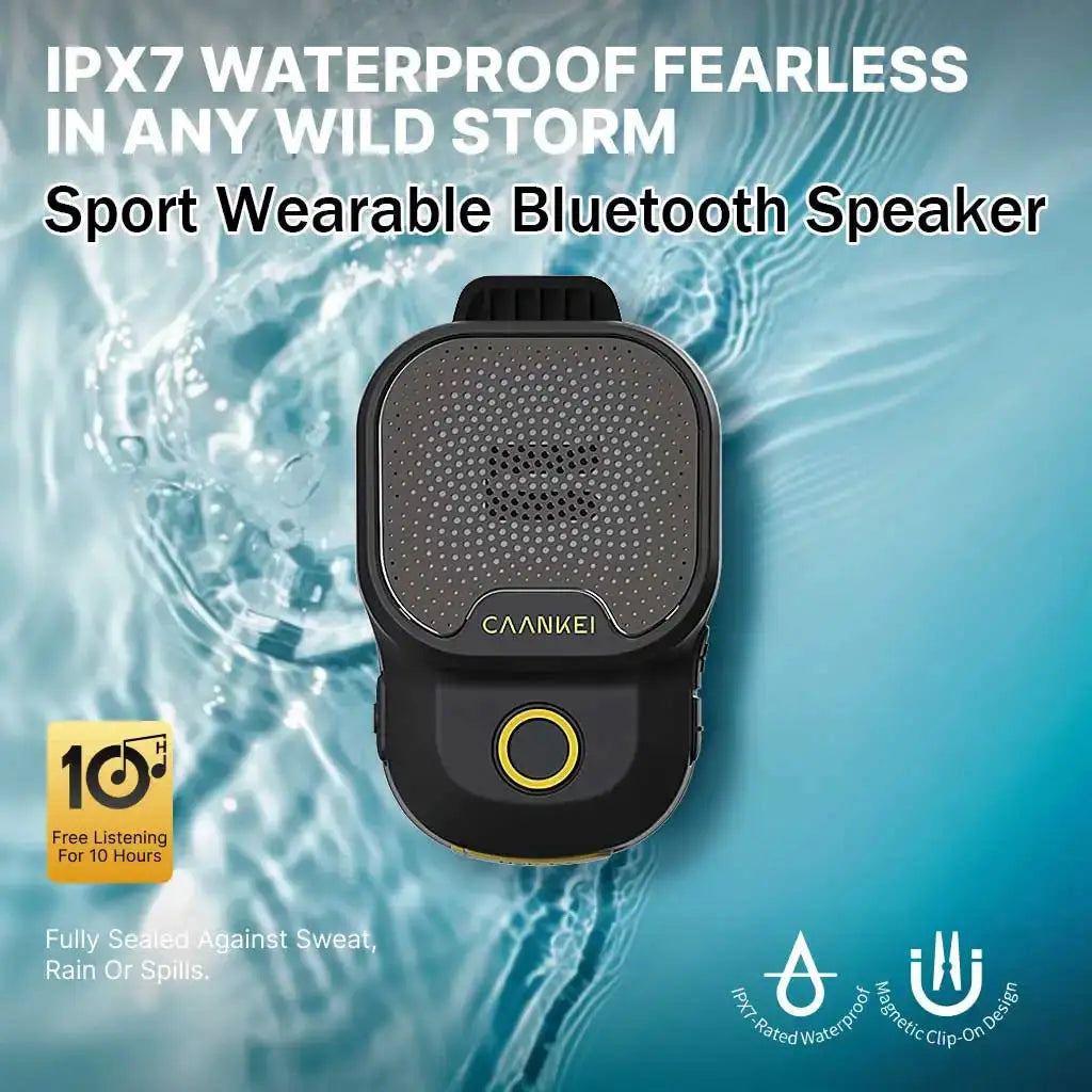 Sport Wearable Bluetooth Speaker IPX7 waterproof, clip-on design in black with yellow ring