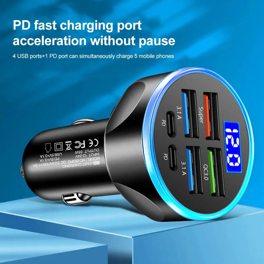 2 To 6 Ports Car Charger With USB A And USB C PD QC3 Fast Charging For iPhone Samsung Huawei Xiaomi