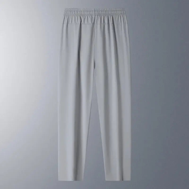 Simples Market running pants in light grey ice-silk fabric; lightweight, quick-dry, elastic waistband, casual fit