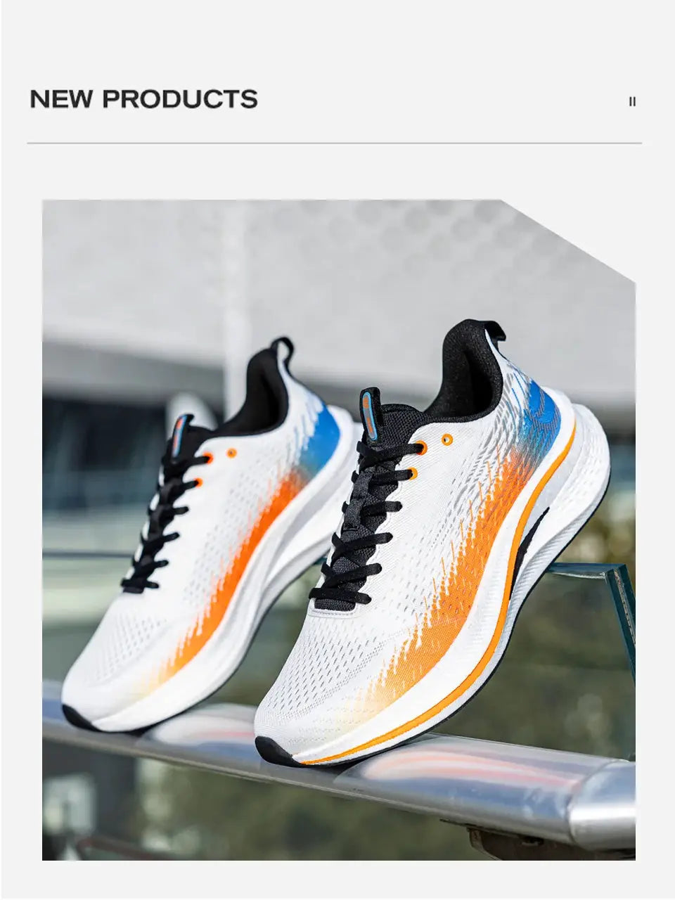 Baasploa men's jogging shoes pair, white breathable mesh with orange and blue gradient accents