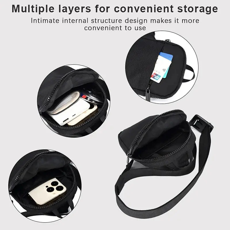 Mini chest bag crossbody, black nylon, waterproof with multiple pockets for outdoor running and travel
