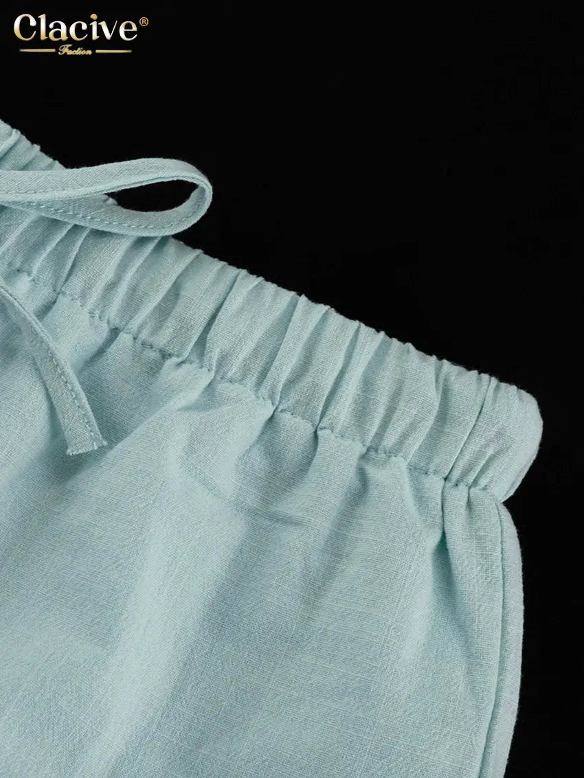 Blue Cotton Two Piece Set Women With Long Sleeve And High Waist Shorts