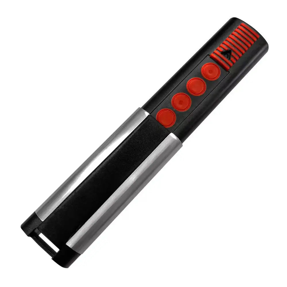 Garage door remote control, black handheld with red round buttons and silver side rails