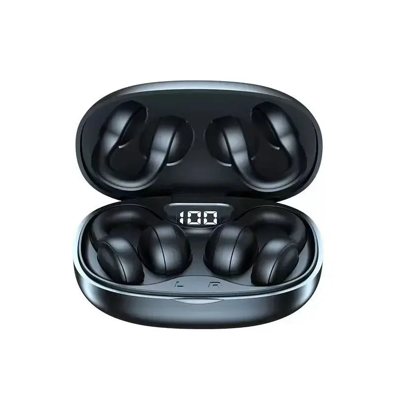 X58 Bluetooth in-ear earbuds with LED display and built-in mic in black charging case with two earbuds