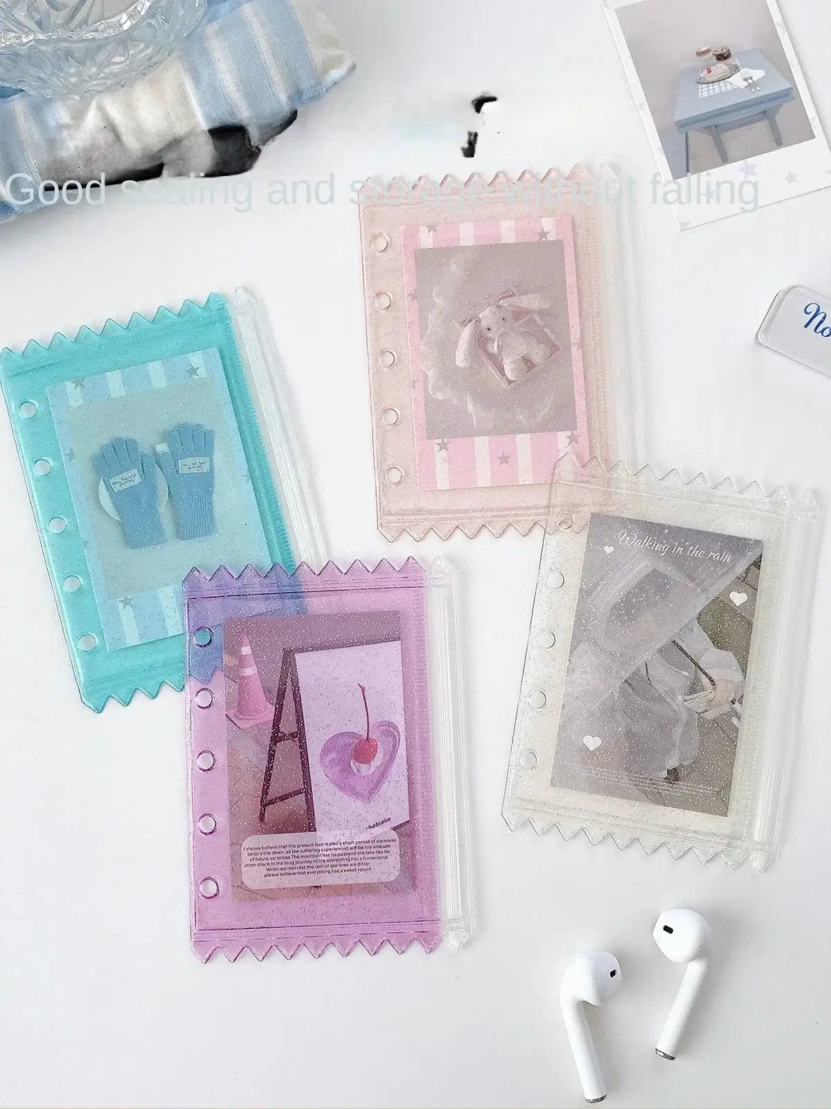 Binder pockets: four colorful 5-hole PVC sleeves in turquoise, pink, purple and clear