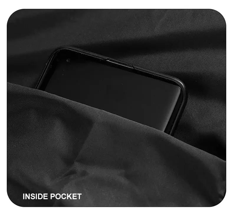 LNGXO waterproof hiking jacket with an inside pocket holding a smartphone, black fabric