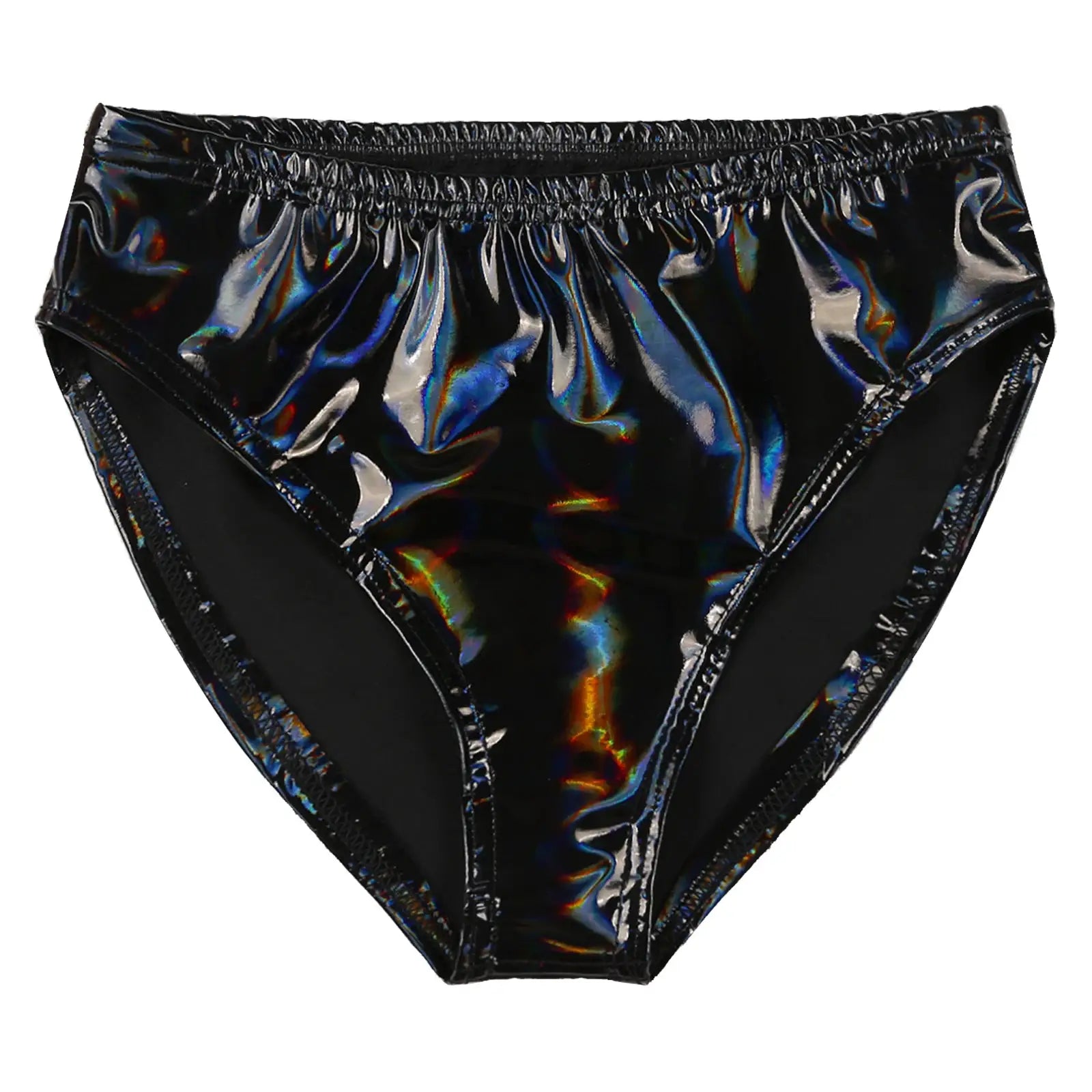 Women's black wet-look patent-leather hot pants briefs, low-rise underwear