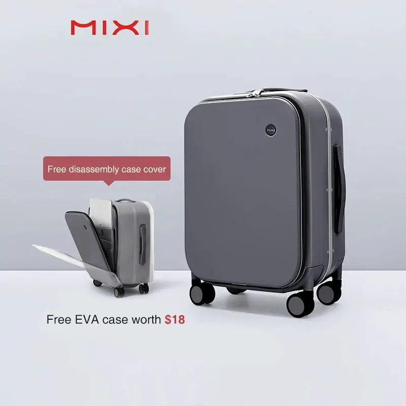 Mixi gray aluminum-frame carry-on suitcase by Simples Market, cabin luggage with four wheels; two sizes shown