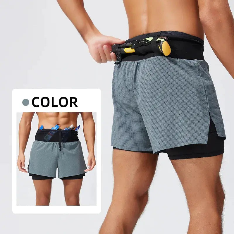 Mens gray double-layer running shorts with built-in liner, quick-dry and breathable for outdoor sports