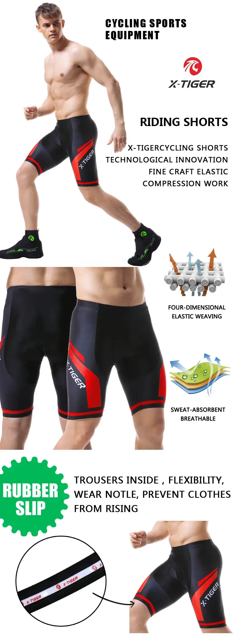 X-TIGER men's cycling shorts with gel pad, black and red, anti-slip leg grips, Simples Market