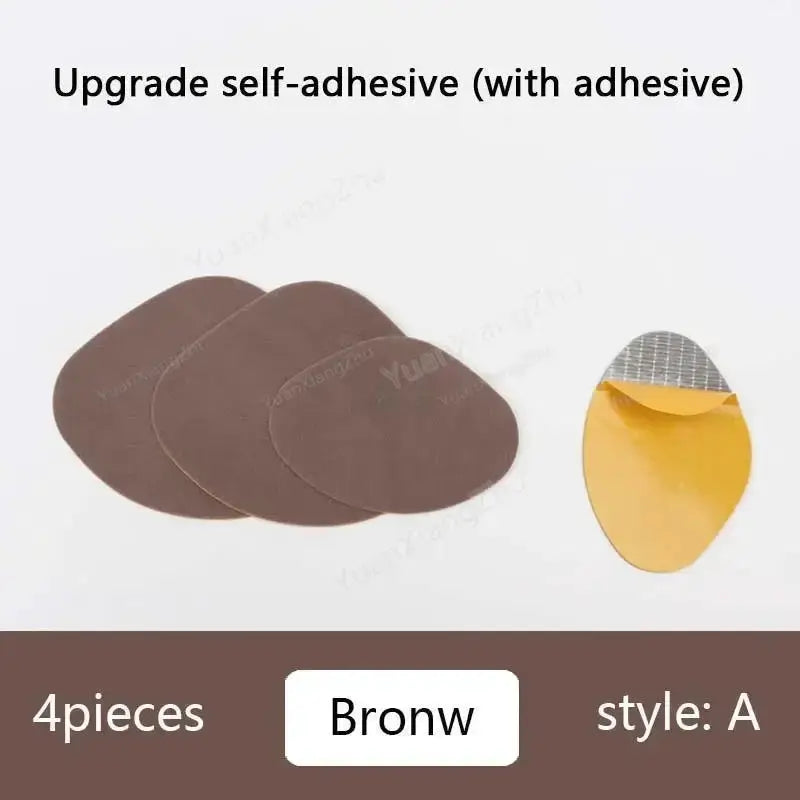 Four brown self-adhesive shoe repair patches for sneakers, oval heel protection pads with adhesive backing.